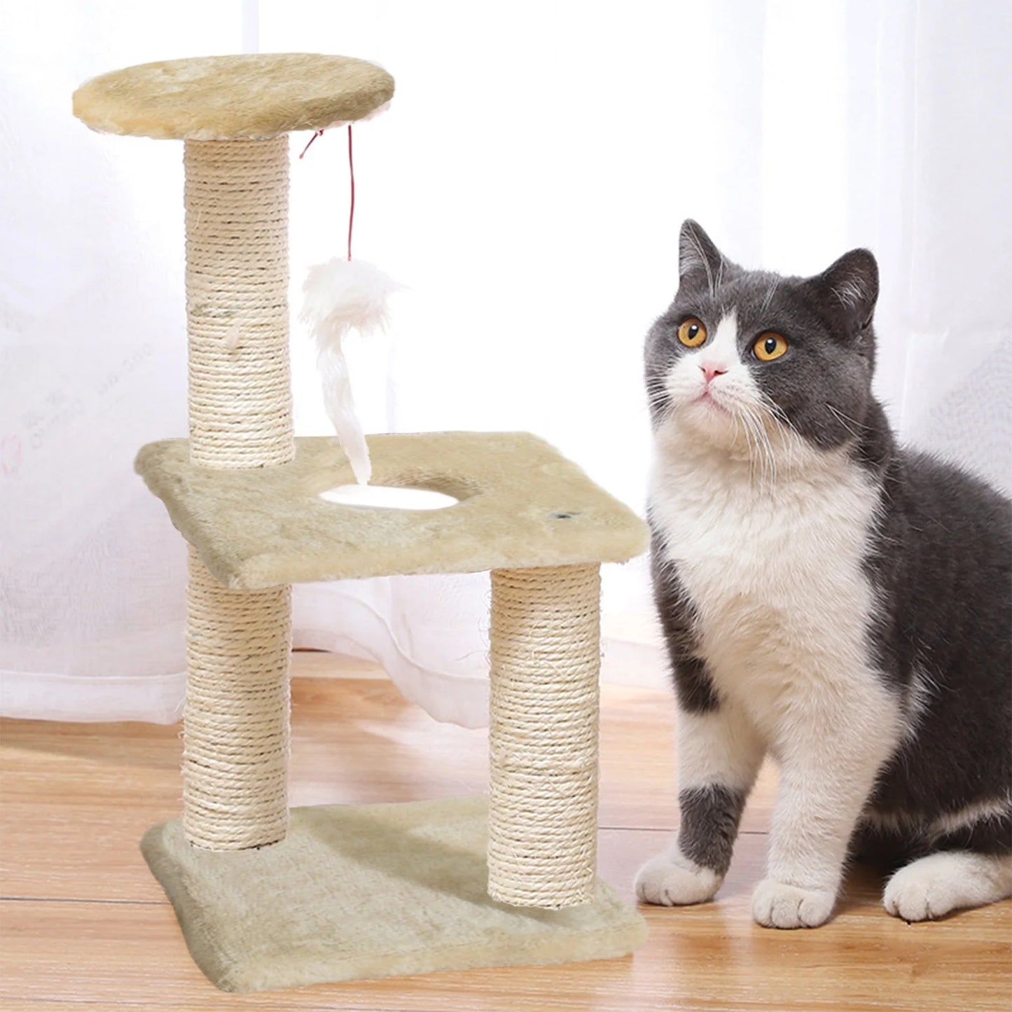 Cat Tree Scratching Post,Small Cat Tower with Perch Bed Scratch for Indoor Cats and Kittens Scratcher.Hanging Ball Bursh Beige