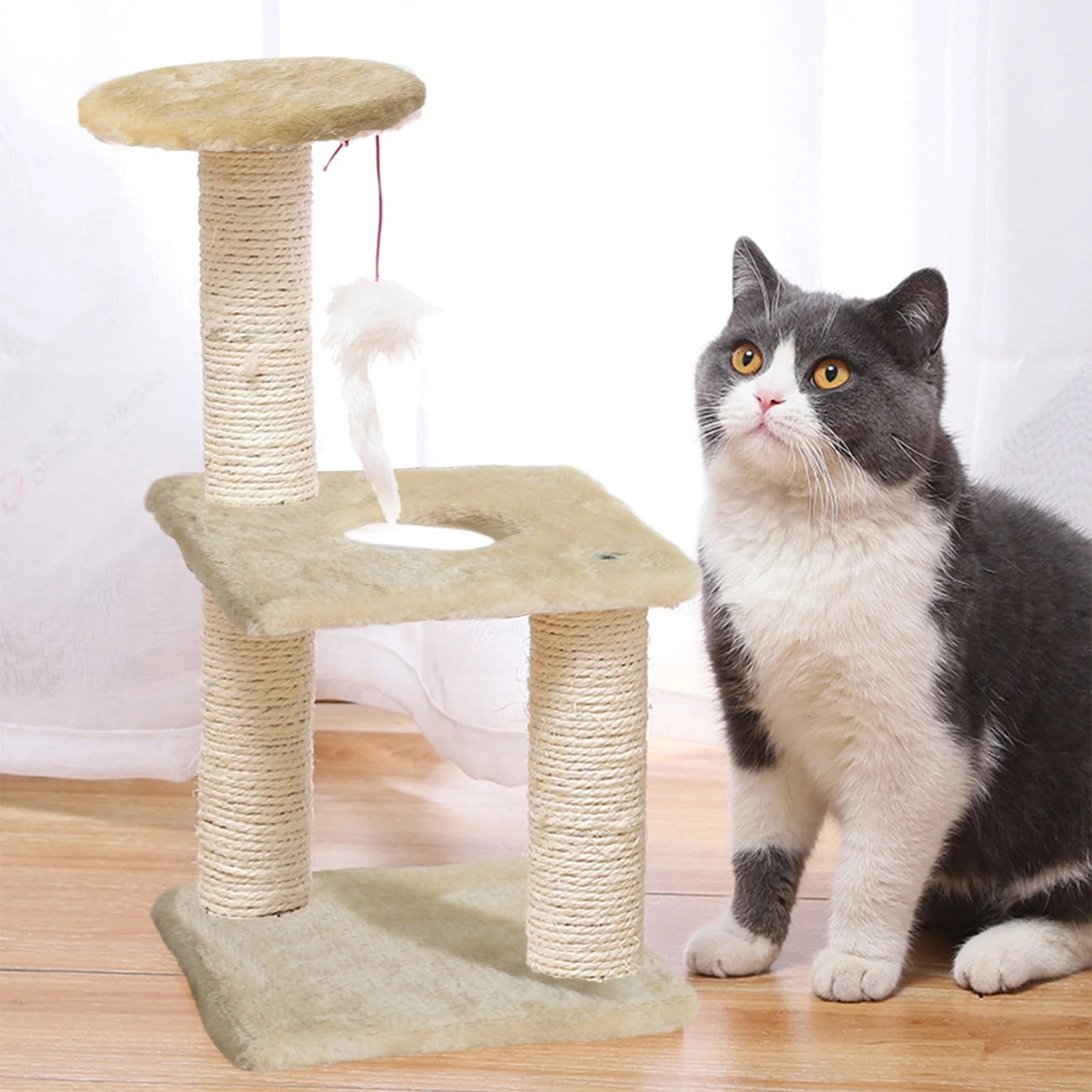 Cat Tree Scratching Post,Small Cat Tower with Perch Bed Scratch for Indoor Cats and Kittens Scratcher.Hanging Ball Bursh Beige