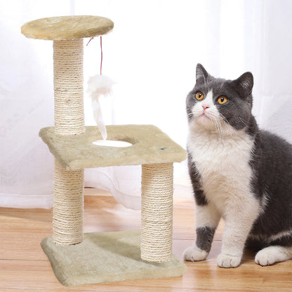 Cat Tree Scratching Post,Small Cat Tower with Perch Bed Scratch for Indoor Cats and Kittens Scratcher.Hanging Ball Bursh Beige