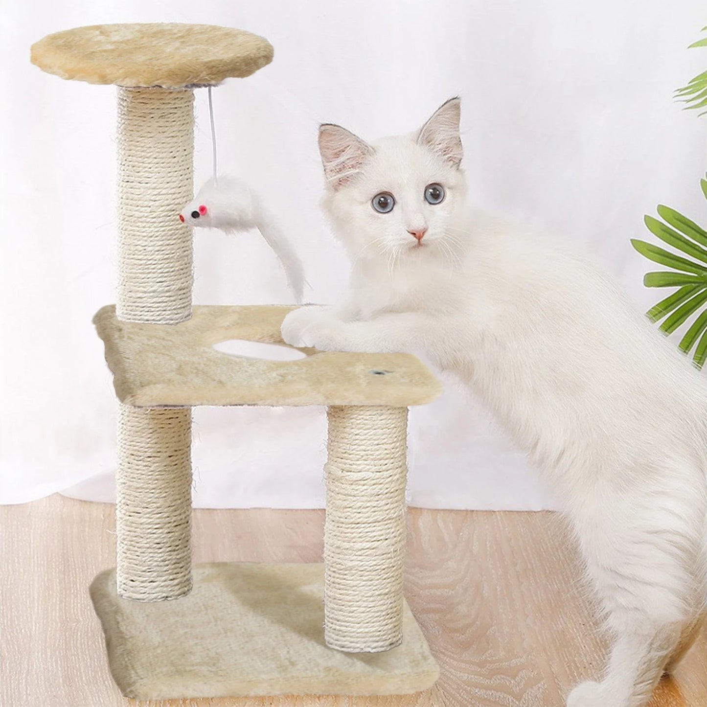 Cat Tree Scratching Post,Small Cat Tower with Perch Bed Scratch for Indoor Cats and Kittens Scratcher.Hanging Ball Bursh Beige