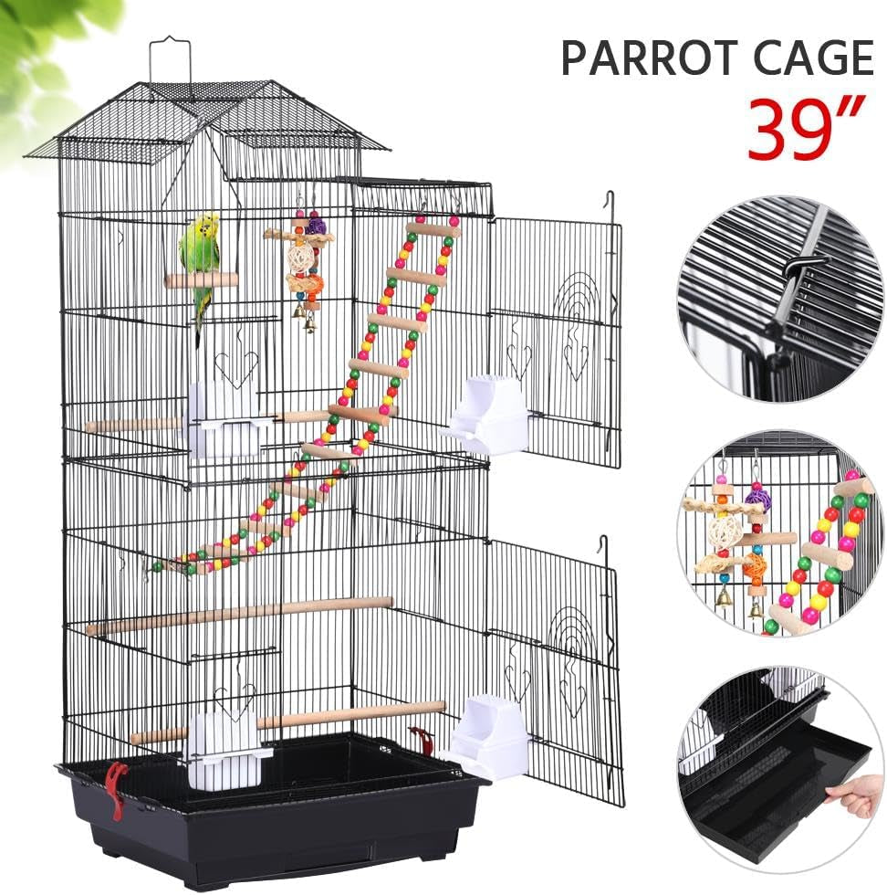 39-Inch Roof Top Large Flight Parrot Bird Cage for Small Quaker Parrot Cockatiel Sun Parakeet Green Cheek Conure Budgie Finch Lovebird Canary Pet Bird Cage W/Toys