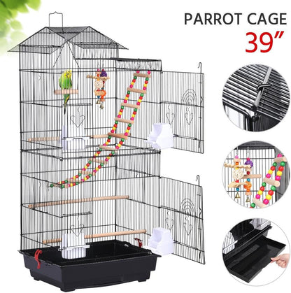 39-Inch Roof Top Large Flight Parrot Bird Cage for Small Quaker Parrot Cockatiel Sun Parakeet Green Cheek Conure Budgie Finch Lovebird Canary Pet Bird Cage W/Toys
